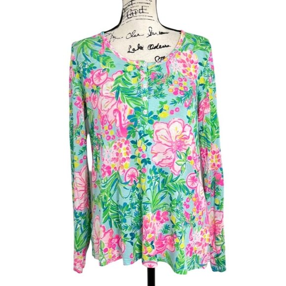 Lilly Pulitzer Other - Lilly Pulitzer Long Sleeve Top Henley PJ Fruity Flamingo Green Pink Women Size M